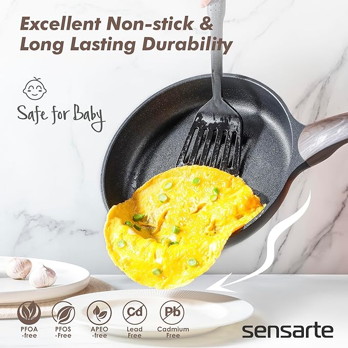 SENSARTE Pots and Pans Set Nonstick, 20 Pcs Induction Cookware Sets, Non-toxic Healthy Non Stick Kitchen Cooking Set with Stay-Cool Handles, PFOA PFOS Free, Black