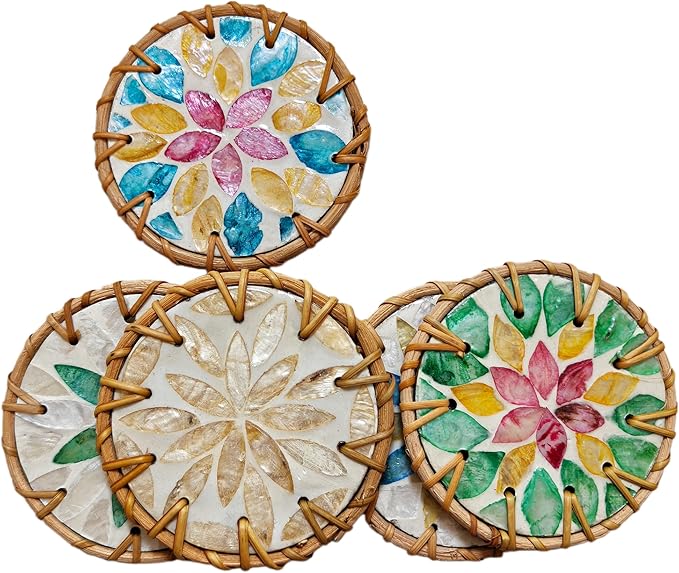 A Set of 6 Beverage Coasters, Rattan/Colorful Shell/Coffee&Tea Cup/Handmade Woven Coasters for Various Cups, Desktop Protection, Special Home Gifts