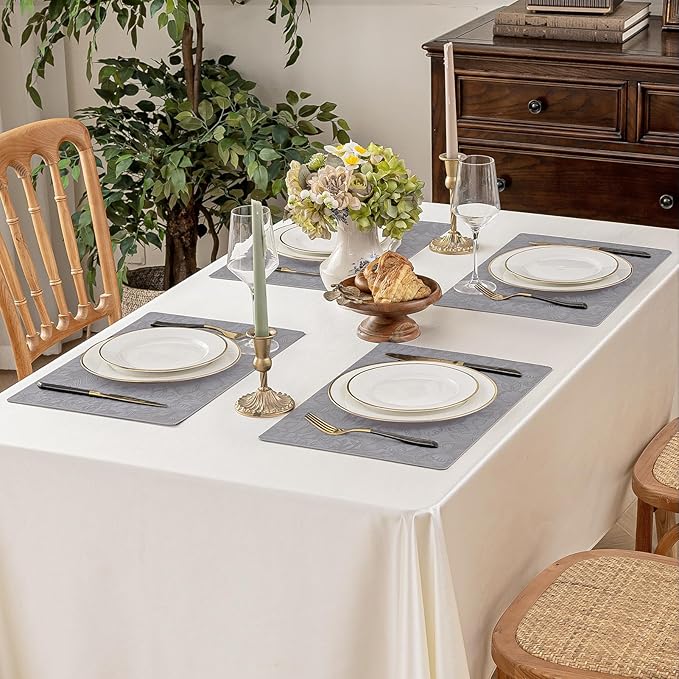 Romanstile Vinyl Placemats Set of 4-12 X 17 Inch - Heat Resistant Non-Slip Embossed Floral Place Mats 100% Waterproof Oilproof Wipeable Faux Leather Table Mats for Kitchen/Dining/Party, Grey