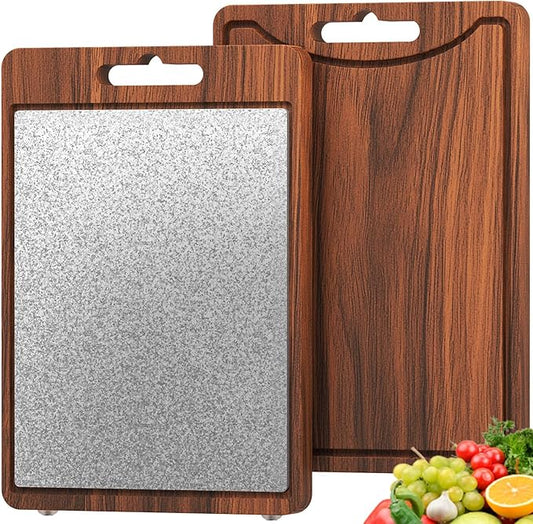 1" Thick Non Slip Dual Sided Cutting Board - Wood &GR1 Titanium, 18" Extra Large with Handle for Hanging, Juice Groove & Non-Slip Feet, Heavy Duty for Professional Kitchen