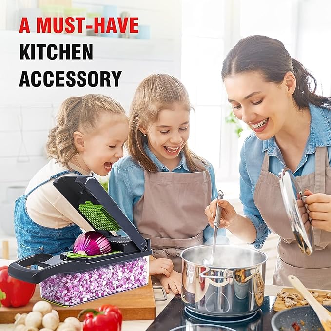 Multifunctional Vegetable Chopper & Slicer - 13 in 1 Food Chopper With 8 Blades, Dicer, Cutter for Onions, Carrots, Garlic & More - Container Included