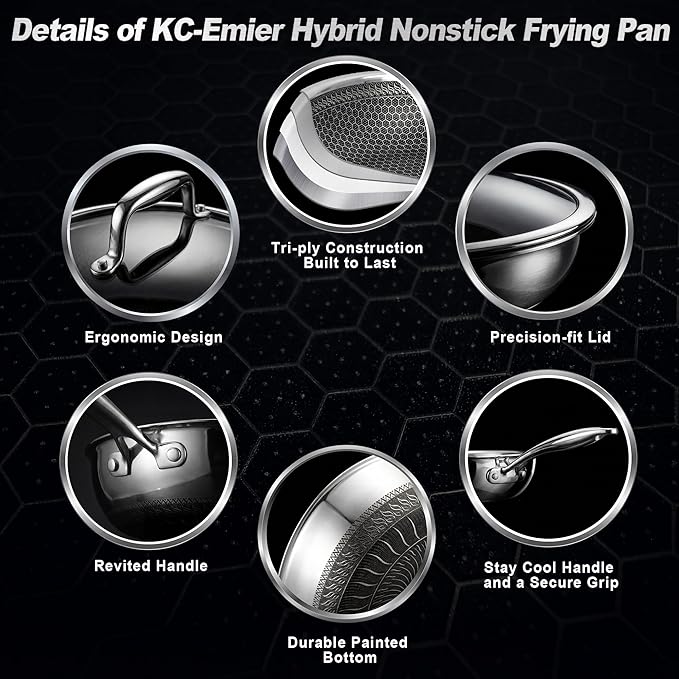 KC-Emier 11 Inch Non-Stick Frying Pan with Lid Tri-Ply Stainless Steel Pan with Stay-Cool Handle Oven & Dishwasher Safe For Induction, Ceramic & Gas Stovetops