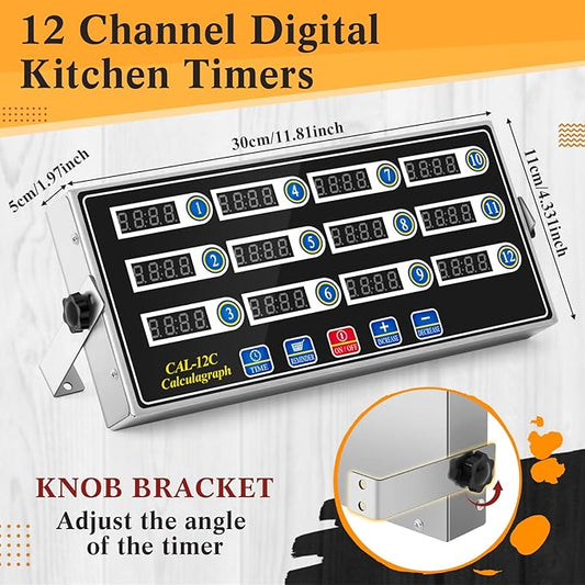2 Pack Commercial 12 Channel Digital Kitchen Timer, Multi-Countdown Timer with Loud Alarm & Large LCD Display, Wall Mount or Countertop for Restaurant, Fry Station, Baking & Lab Use