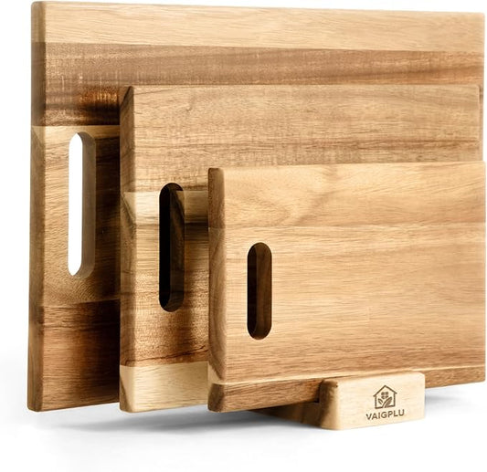 Acacia Cutting Board Set of 3 with Holder – Solid Acacia Wood Cutting and Serving Boards, Durable Chopping Boards for Meat, Vegetables and Fruits