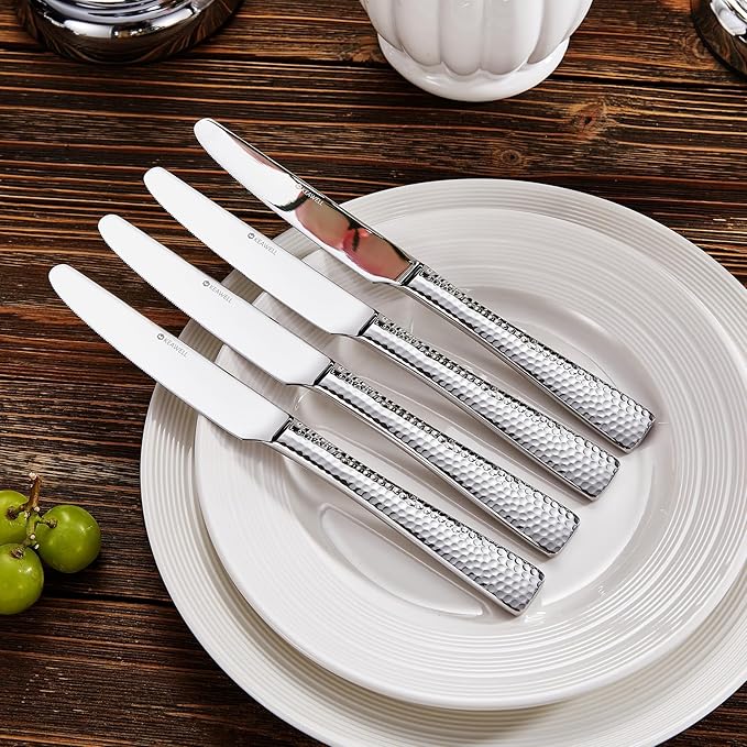 KEAWELL Premium 9.5" Louis Dinner Knives, Set of 4, Stainless Steel Dishwasher Safe, Serrated Knives (Hammered)