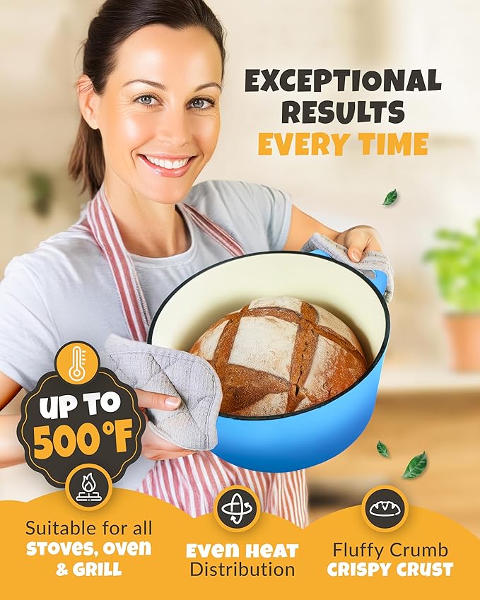 CRUSTLOVE Dutch Oven for Bread Baking - incl. Sourdough Bread-Baking Supplies like Banneton Bread-Proofing Basket - 5QT Enameled Cast Iron Bread-Oven with Lid, Bread-Pan Sour Dough Starter Kit