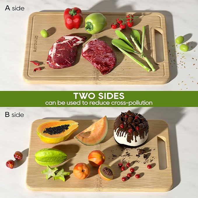 No Glue and Healthy & Organic Wooden Non Toxic Small Bamboo Cutting Board with hands for Kitchen,Plastic Free, Juice Groove, Non-solid Wood Cutting Board for Meat, Vegetables and Fruits (12 * 8inch)
