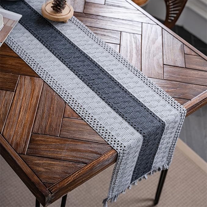 Alynsehom Macrame Table Runner Grey Boho Table Runners with Tassels Hand Woven Cotton Table Runner Rustic Farmhouse Table Runners for Bohemian Kitchen Dining Table(12x71in)
