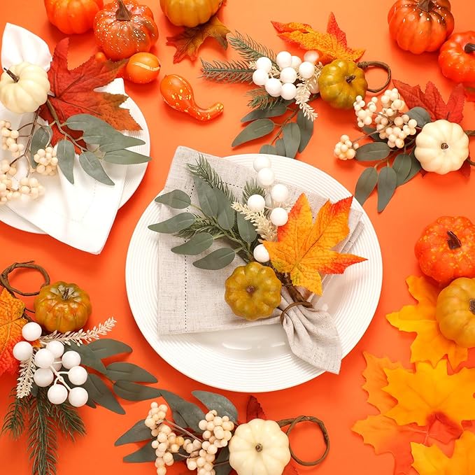 Set of 6 Pcs Thanksgiving Napkin Rings Pumpkin Artificial Maple Leaf Ring Holder for Table Dinner Thanksgiving Retro Pumpkin Napkin Holder for Fall Gathering Wedding Dinner Table Decoration