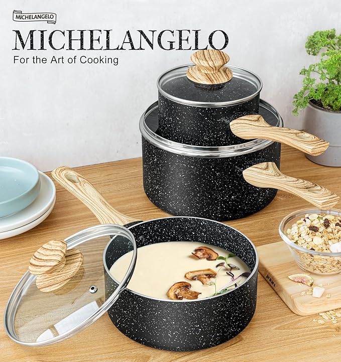 MICHELANGELO Saucepan Set, 3-Piece Nonstick Sauce Pans with Lids, 1QT, 2QT, 3QT, Black Granite Stone