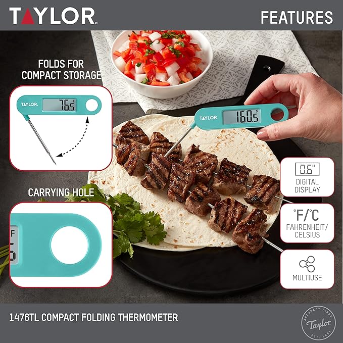 Taylor Instant Read Digital Meat Food Grill BBQ Cooking Kitchen Thermometer, Folding Probe, Teal 0.7 Inch LCD Readout