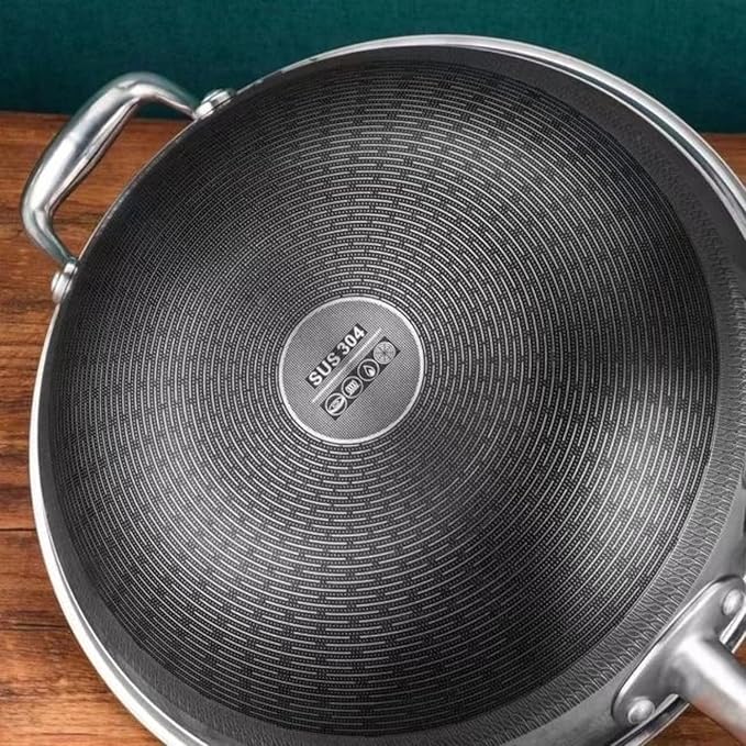 Moksha LifeStyle Honeycomb Wok 12 inch Pan with Lid, nonstick stir fry with silicone handles, Hybrid stainless steel cooking frying pan, dishwasher safe.