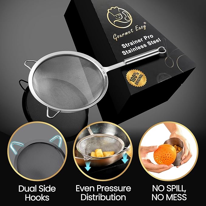 Stainless Steel Fine Mesh Strainer Set – 1 Large Flour Sifter with Sturdy Handle + 1 Small Mesh Sieve for Pasta & Rice + 1 Silicone Can Strainer – Stable, Durable, Dishwasher Safe, 5-Year Warranty