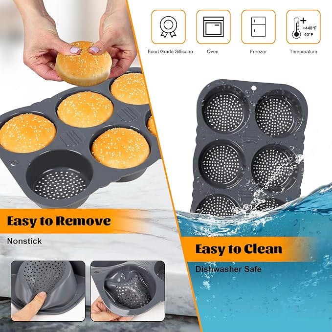 Hamburger Bun Pan, Non-Stick Silicone - Oven-Safe, Vented 6-Cavity Baking Mold, Dishwasher Safe with Basting Brush