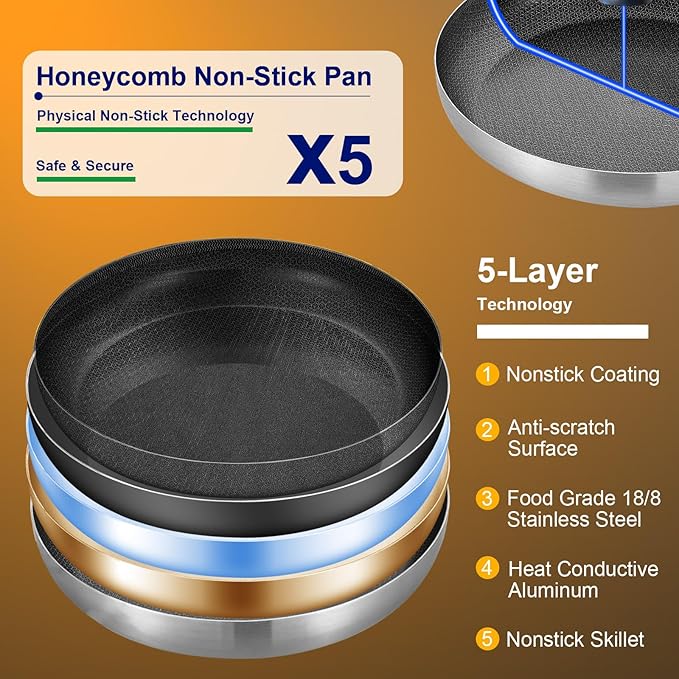 Inqibee 6 QT Hybrid Tri-Ply Stainless Steel Non Stick Sauté Pan with Lid & 8.5-10 Inch Frying Pan, 12 Inch Induction Deep Frying Pan Set, Dishwasher and Oven Safe