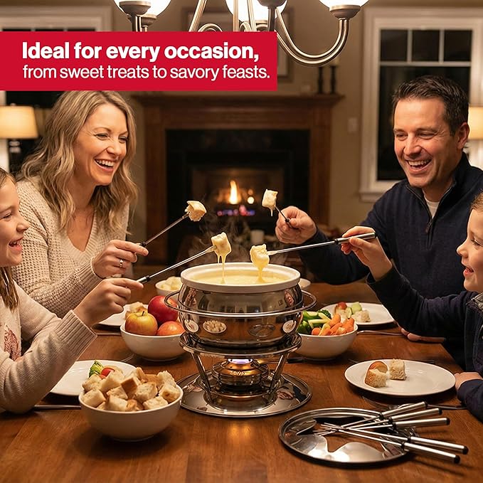 Swissmar Zuri 11-Piece Stainless Steel 3-in-1 Fondue Set - Ideal for Melting Cheese, Chocolate, Butter, & More - Perfect for Kitchen Collection & Wedding Gift Giving, 2.25 Quarts / 2.2 Liter