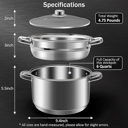 AuFranc® 6 Quart 18/10 Stainless Steel Tri-ply Stockpot and Steamer with Tempered Glass Lid, Multipurpose Steamer Pot Compatible with All Cooktops, Non-Toxic Soup Pot, Oven & Dishwasher Safe (Silver)