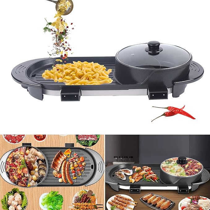 Electric 2 In 1 Hot Pot Barbecue Grill, GDAE10 Non-stick Teppanyaki Pan Soup Multifunctional Anti-dry Korean 3.6L Capacity Double Cooker (1500W x 2) Hotpot Home Kitchen Restaurant Indoor Outdoor