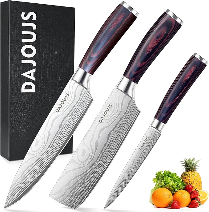 3-Piece Kitchen Chef Knife Set - 8" Chef Knife & 7" Nakiri Knife & 5" Utility Knife, Professional High-Carbon Stainless Steel Ultra Sharp Knives with Ergonomic Wood Handle & Gift Box for Cooking