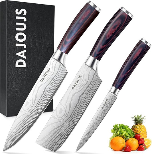 3-Piece Kitchen Chef Knife Set - 8" Chef Knife & 7" Nakiri Knife & 5" Utility Knife, Professional High-Carbon Stainless Steel Ultra Sharp Knives with Ergonomic Wood Handle & Gift Box for Cooking