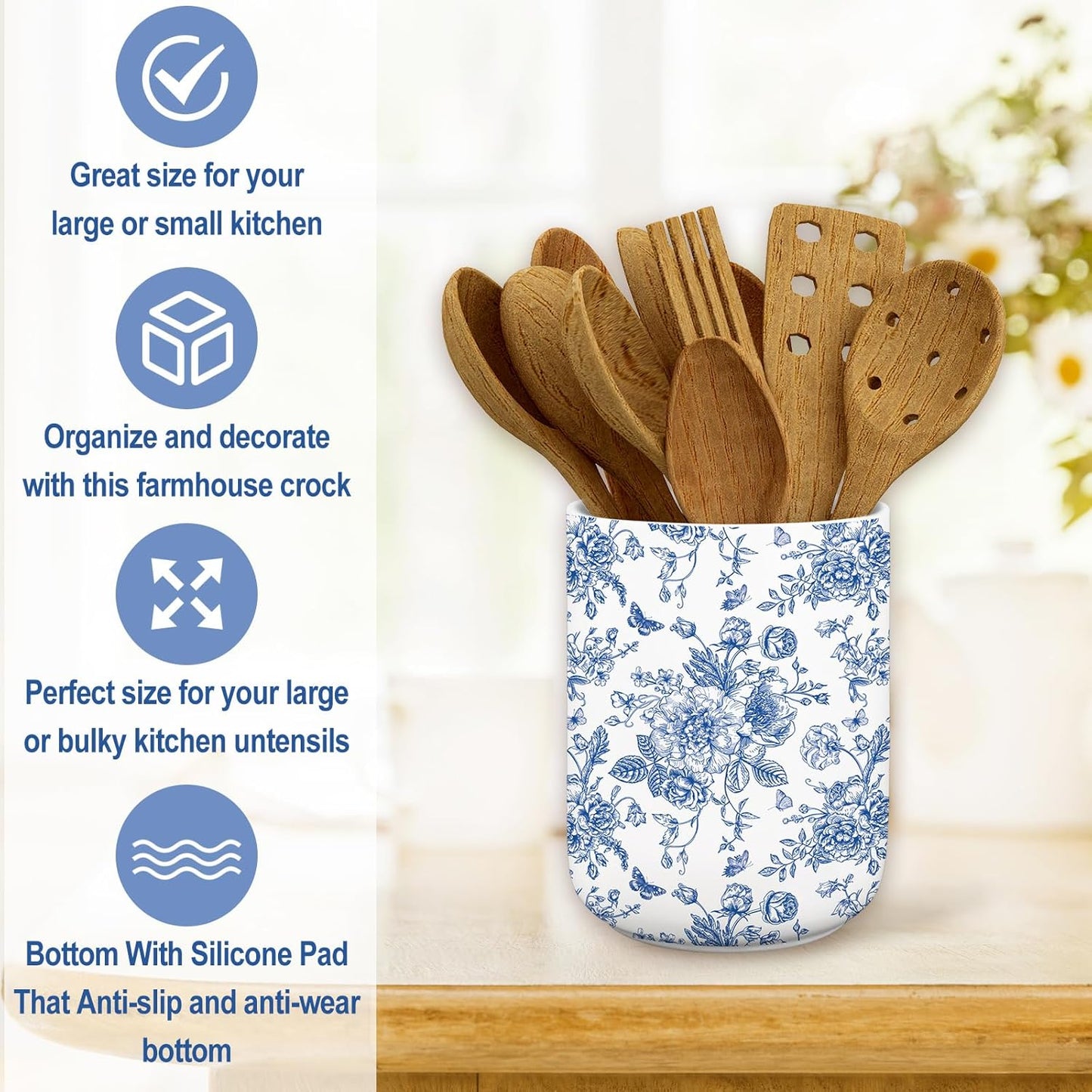 JarThenaAMCS Chinoiserie Floral Ceramic Utensil Holder Blue Flower Butterfly Utensil Crock for Home Kitchen Countertop Storage Organizer Container