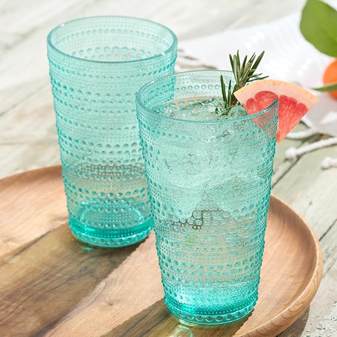 Santa Fe Teal Set of 6 Premium Acrylic Ice Tea Glass 22 oz – Unbreakable Drinkware with Textured Bubble Design, Shatterproof Tumblers for Indoor & Outdoor Use