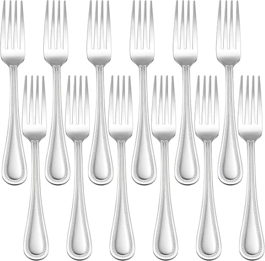 E-far Salad Forks Set of 12, 6.9 Inch Pearled Edge Dessert Forks Stainless Steel Suitable for Party, Home, Kitchen and Restaurant, Non-toxic & Mirror Polished, Dishwasher Safe
