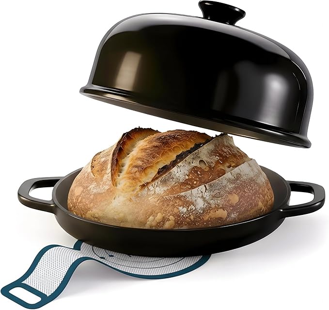 Kook Bread Oven, Sourdough Pan with Lid and Handles, Enameled Cast Iron Pan and Ceramic Lid, For Baking, Cooking, Roasting, Black