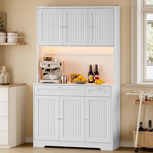 Pantry Cabinet with Charging Station and Light, Tall Kitchen Pantry Storage Cabinet with Microwave Stand, Wide Fluted Kitchen Hutch with Storage Drawers and Adjustable Shelves for Dining Room