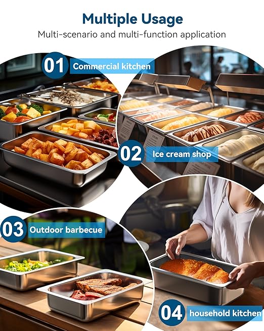 ZeroPone 6 Pack Hotel Pans, 1/3 Size 2.5" Deep Steam Table Pan, Stainless Steel Food Pans 22 Gauge Anti Jam Commercial Food Storage Containers
