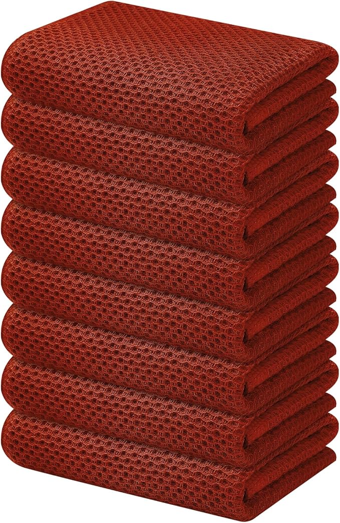 Kitinjoy 100% Cotton Waffle Weave Kitchen Towels, 8-Pack Super Soft and Absorbent Dish Towels for Drying Dishes, Kitchen Hand Towels, 13 in x 28 in, Rust