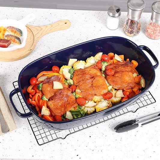 6 Quart Large Rectangular Baking Dish, 16x11 Inches Ceramic Baking Pan Casserole Dish for Cooking,Kitchen and Daily Use, Safe for Oven Microwave Refrigerator Disinfection Cabinet and Dishwasher,Blue