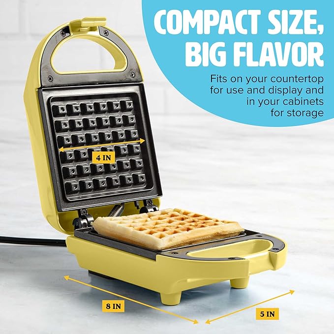 Tasty Mini Nonstick Waffle Maker, Perfect for Individual Waffles, Hash Browns, Brownies and more, Quick Results, Easy Clean Up, 600W, Yellow