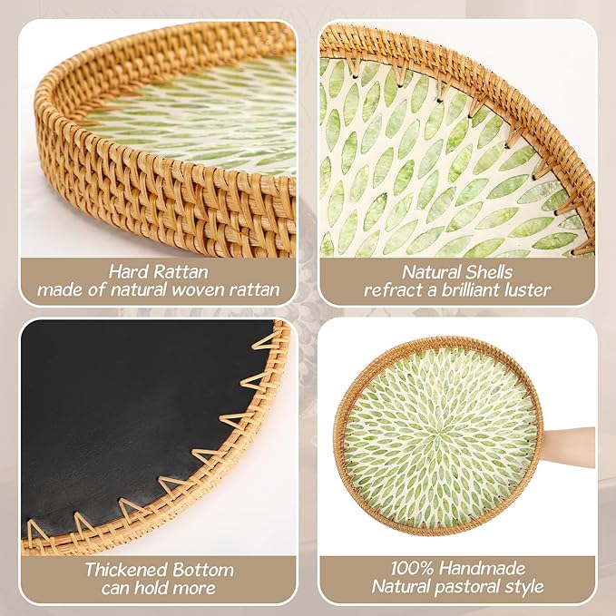16 inch Round Rattan Tray with Mother of Pearl Inlay Wicker Serving Tray with Wooden Base Boho Decorative Wicker Basket for Table Decor Bathroom Candle Perfume (Green Leaf)