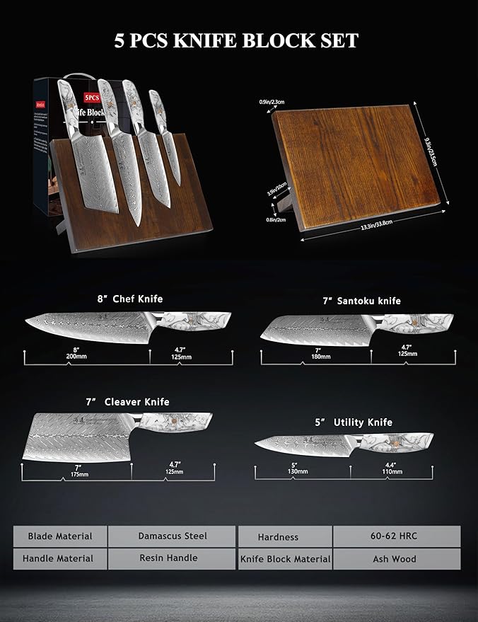 SHANGDAO Damascus Kitchen Knife Set with Magnetic Knife Block, 5 PCS Razor Sharp Kitchen Knives Made of Japanese Damascus Steelwith Block, Well-Balanced Damascus Chef Knife set