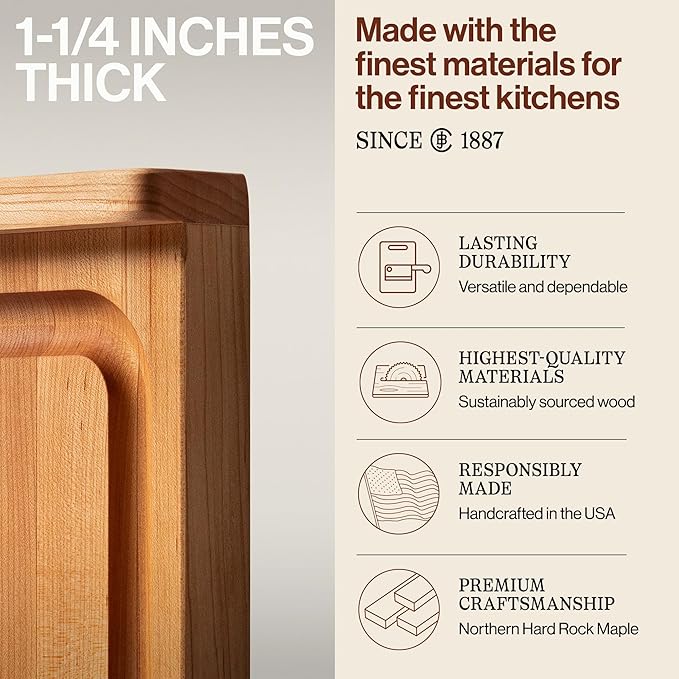 John Boos Countertop Series Rectangular Wooden Maple Cutting Board 17.75”x17.25” – 1.25” Thick, 13-lb Reversible Butcher Block with Juice Groove, Counter Lip & Edge-Grain – Made in the USA