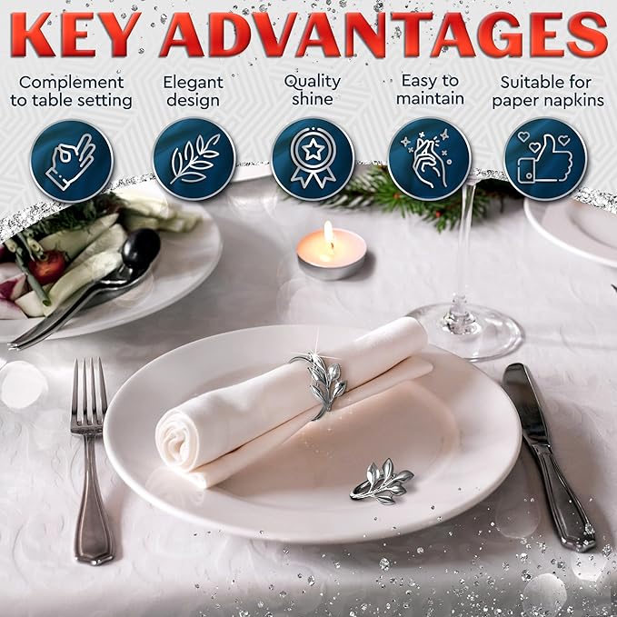 Set of 20 Silver Easter Napkin Rings - Decorative Silver Napkin Rings Set | Napkin Ring Holders with Elegant Leaf Design for Weddings, Parties & Special Occasions, Festive Easter Holiday Table Decor