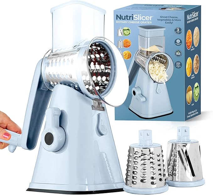 EMSON Rotary Cheese Grater Hand Crank, Stainless Steel Rotary Graters for Kitchen with 3 Blades, Vegetable Slicer, Cheese Shredder with Suction Cup Base, Dishwasher Safe