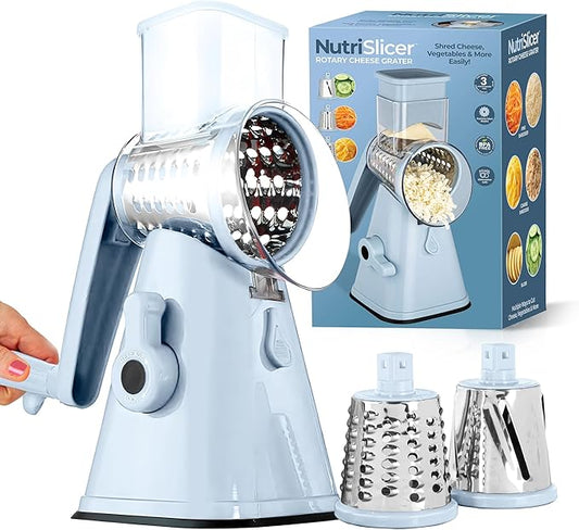 EMSON Rotary Cheese Grater Hand Crank, Stainless Steel Rotary Graters for Kitchen with 3 Blades, Vegetable Slicer, Cheese Shredder with Suction Cup Base, Dishwasher Safe