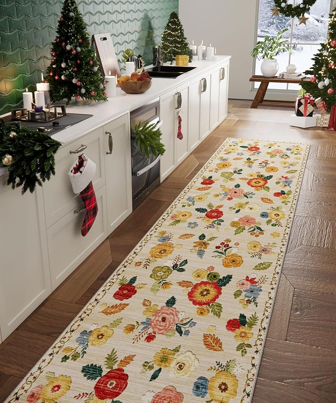 Machine Washable Rug Runners for Hallways: 2X 10 Kitchen Rugs Stain Resistant Non Slip Long Rug with Rubber Backing Soft Floral Carpet Runners for Entryway Kitchen Bedroom Laundry Farmhouse