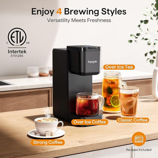 Tastyle Single Serve Coffee Maker for K Cup, Ground and Tea Leaves, Hot and Iced Coffee Machines with Bold Setting, 6 to 16 Oz Brew Sizes, Compact for Small Spaces, Black (2.0 Version)