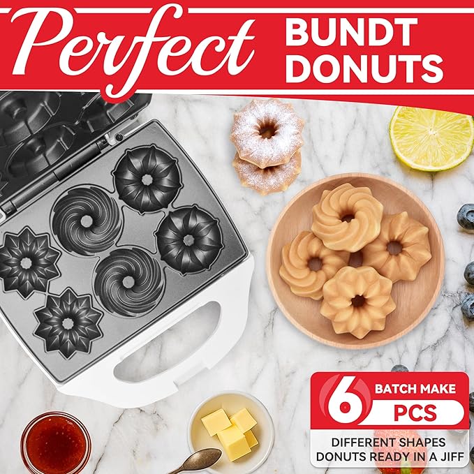 Mini Donut Maker Machine, Electric Mini Bundt Cake Pan, Bake 6 Bundt Doughnuts with 3 Shapes, Excellent for Breakfast, Snacks, Desserts & More