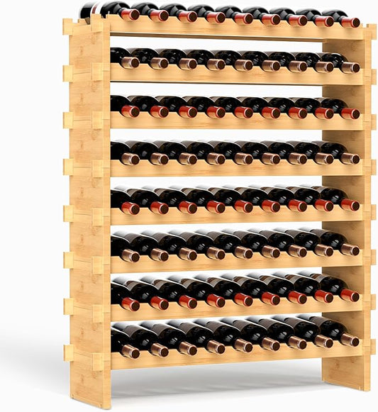 VASMIA Bamboo Stackable Wine Rack,72 Bottles Wine Rack Freestanding Floor,No Tools Assembly,8-Tier Display Wine Storage Shelf for Kitchen, Bar, Dining Room,Cellar,Natural