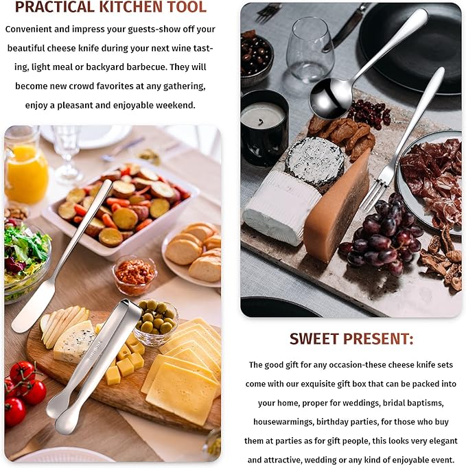 Patelai Charcuterie Boards Accessories Charcuterie Utensils Set Cheese Butter Spreader Knives Stainless Steel Mini Serving Tongs Spoons Forks and Toothpick Flags for Appetizers Pastry(Silver)
