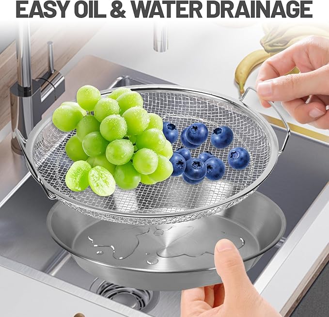 Stainless Steel Oil Strainer Set, 2-Piece Mesh Draining Rack with Catch Pan, Cooking Oil Filter, Oil Drain Pan, Grease Strainer, for Deep Frying, Kitchen Cooking (Large)