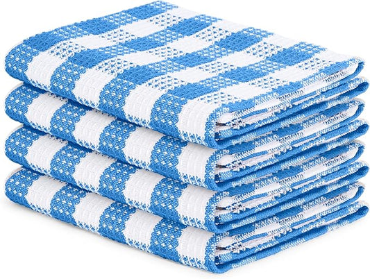Blue Needles Waffle Weave Check Plaid Kitchen Towels, 15x25 Inches 100% Cotton Set of 4 Dish Towels for Kitchen, Soft & Absorbent for Quick Drying with Hanging Loop Spring Summer - Sky Blue & White