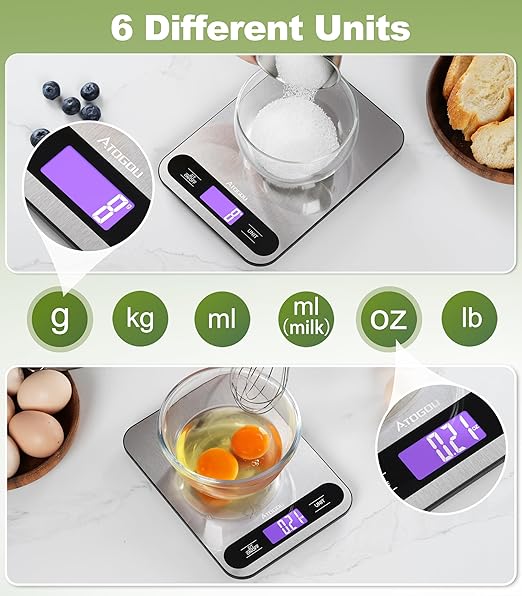 Atogou Food Scale, 33lb/ 15kg Digital Kitchen Scale with Full View LCD Display, Durable Stainless Steel Surface, for Cooking, Baking, Meal Prep Black&Grey