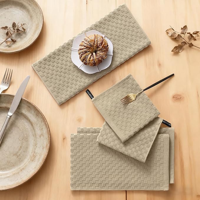 Homaxy 100% Cotton Kitchen Towels and Dishcloths Set, 12 x 12 & 15 x 25 Inches, Set of 12 Bulk Terry Cloth Dish Towels, Super Soft and Absorbent Hand Towel with Hanging Loop, Tan