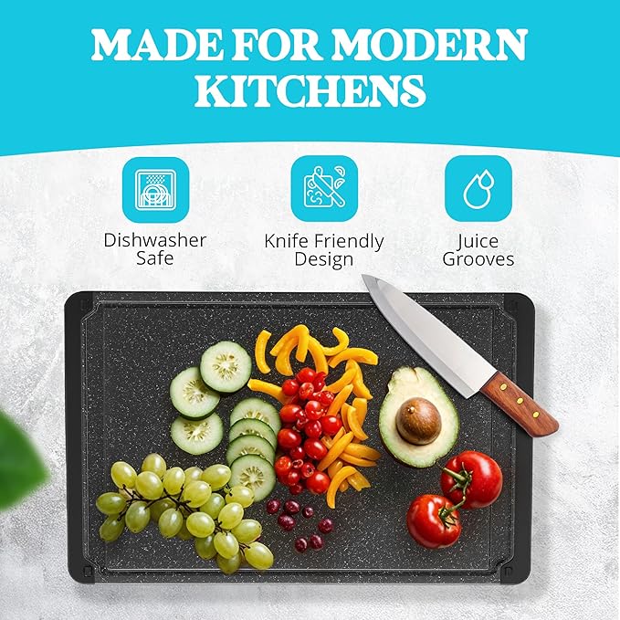 Large Cutting Boards for Kitchen - 18 x 12 Inch Plastic Cutting Board with Deep Juice Groove - Non-Slip, Durable Carving Board for Vegetables, Fruits and Meats - Dishwasher Safe Charcoal Grey