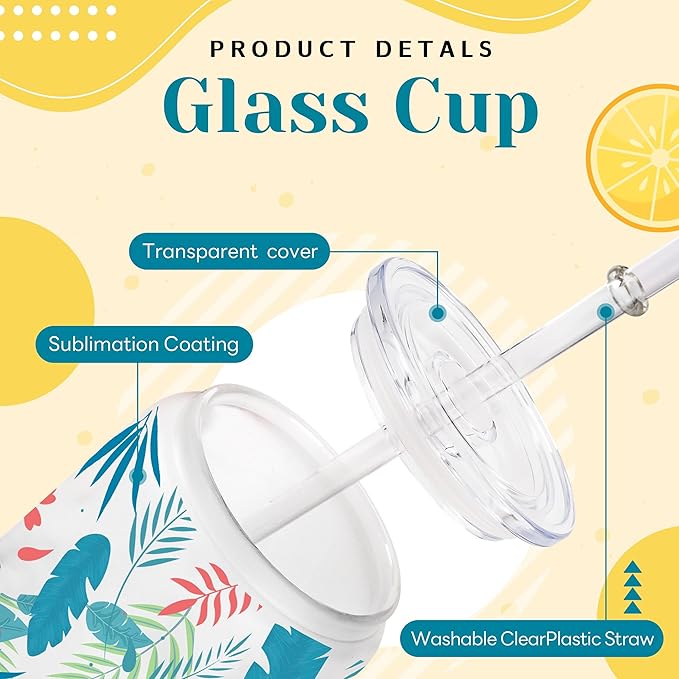 Joyclub 12 Pack Sublimation Cups 16 OZ Frosted Glass Cans Blanks with Clear Lids Mason Jars for Iced Coffee Beer Juice and Soda Drinks